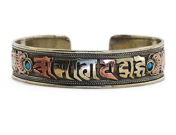 Silver Tibetan Cuff Bracelet with Scroll Work and Mantra