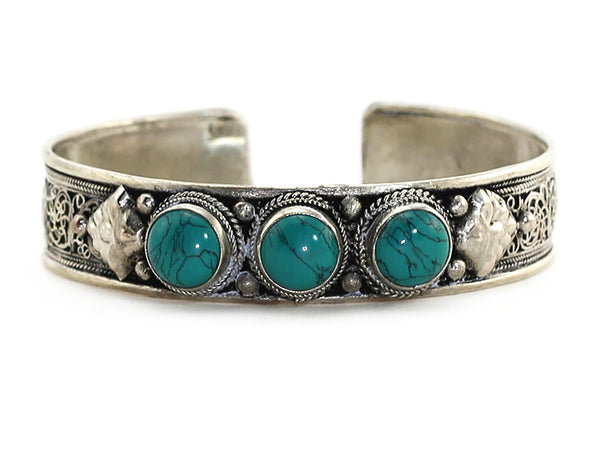 Silver Tibetan Cuff Bracelet with Turquoise Close Up