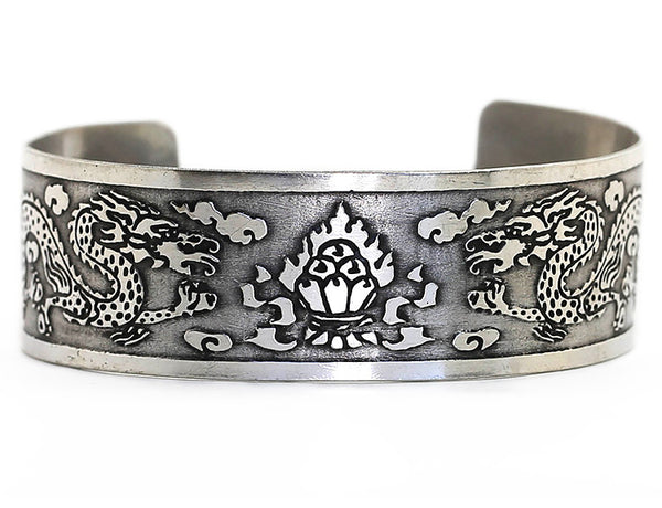 Silver Tibetan Cuff Bracelet with Dragon and Flaming Jewel Design