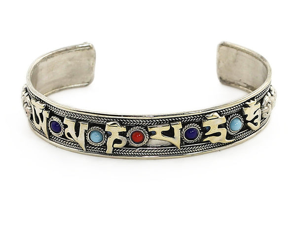 Silver Tibetan Mantra Cuff Bracelet with Gemstones