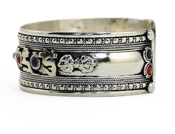 Silver Tibetan Mantra Jeweled Cuff Bracelet Side View