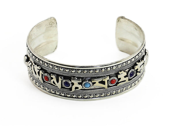 Silver Tibetan Mantra Jeweled Cuff Bracelet Top View