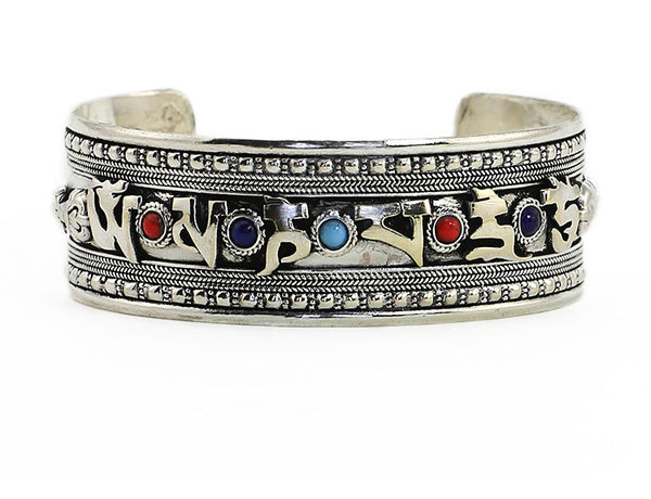 Silver Tibetan Mantra Jeweled Cuff Bracelet