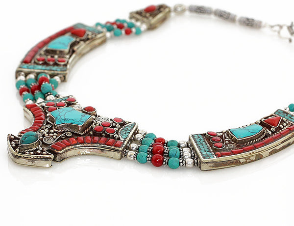 Silver Tibetan Necklace with Gemstone Inlaid Pendant Side View