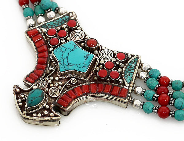Silver Tibetan Necklace with Turquoise and Coral Inlaid Pendant Close Up