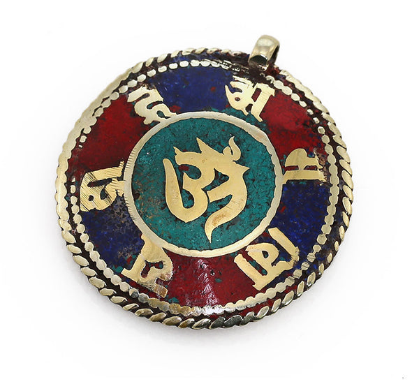 Silver Tibetan Pendant with Crushed Gemstone Inlaid Mantra and Om Symbol