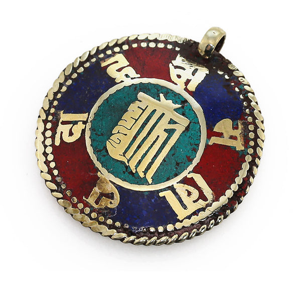 Silver-Tibetan Pendant with Gemstone Inlaid Buddhist Mantra and Kalachakra Symbol