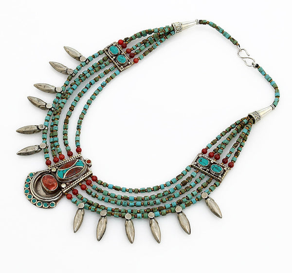 Spiked Tibetan Necklace in Silver Turquoise and Coral