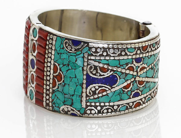 Spring Clasp Silver Tibetan Cuff Bracelet