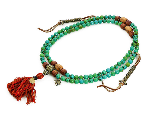 TIbetan Mala Beads with Turquoise and Olivewood Top View