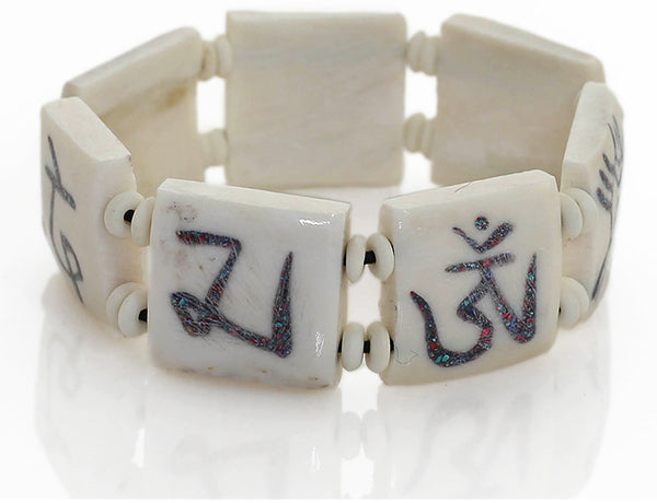 Tibetan Buddhist Bracelet Gemstone Inlaid Mantra Tiles Close Up