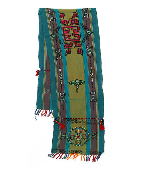 Tibetan Buddhist Cotton Scarf in Green Gray and Teal