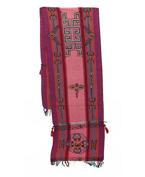 Tibetan Buddhist Cotton Scarf in Pink Purple and Gray