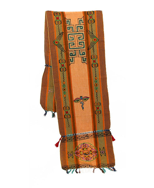 Tibetan Buddhist Cotton Scarf in Salmon Olive Green and Brown