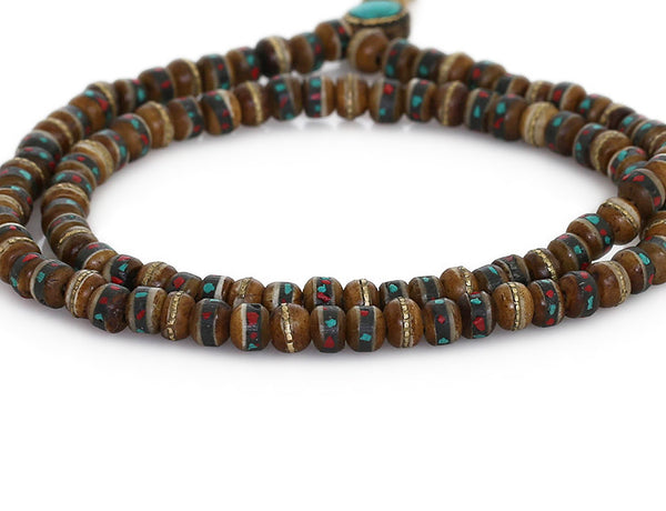 Tibetan Buddhist Mala Beads Inlaid Brown Yak Bone Close Up