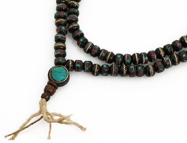 Tibetan Buddhist Mala Beads Turquoise Inlaid Black Bone Guru Bead