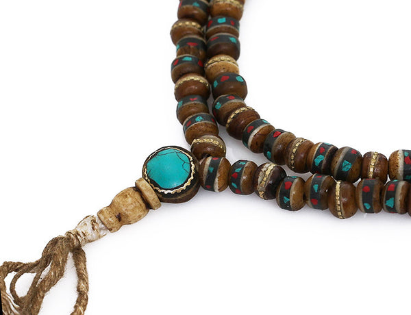 Tibetan Buddhist Mala Beads Turquoise Inlaid Brown Bone Guru Bead