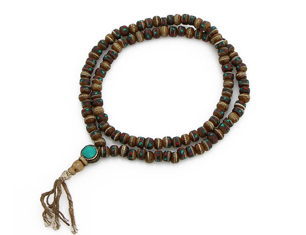 Tibetan Buddhist Mala Beads featuring Gemstone Inlaid Brown Yak Bone