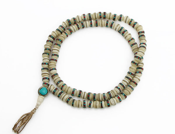 Tibetan Buddhist Mala Beads featuring Inliad White Bone