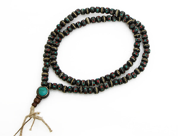 Tibetan Buddhist Mala Beads with Inlaid Black Bown