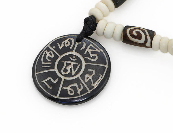 Tibetan Buddhist Necklace Black Carved Mantra Pendant Close Up