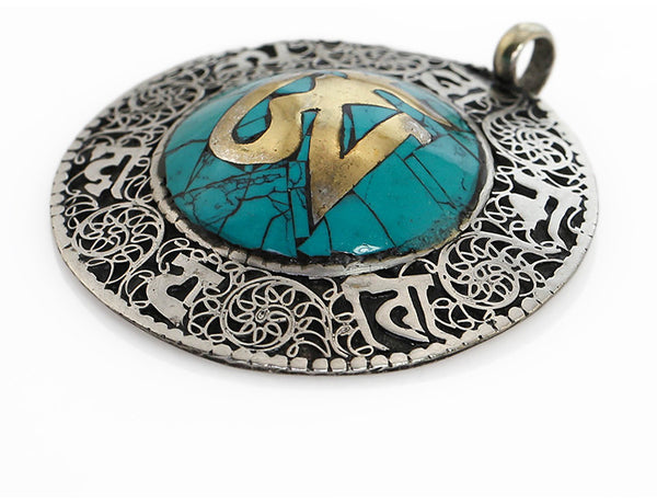 Tibetan Buddhist Pendant Dome Shaped Turquoise Focal Side View