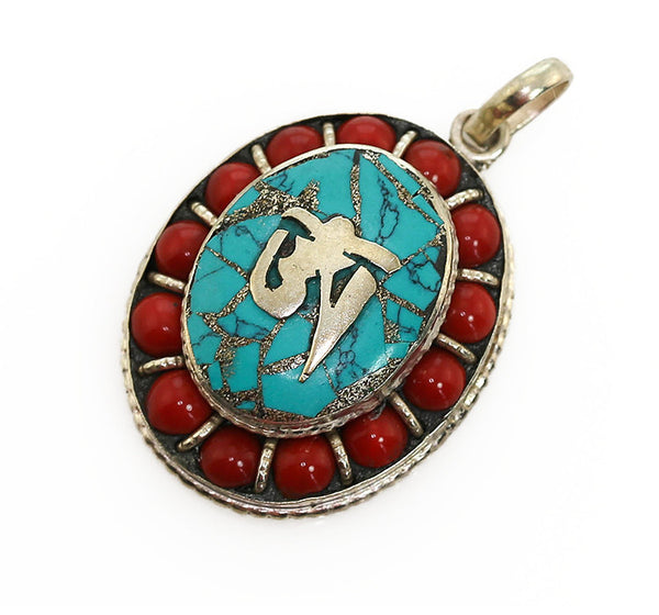 Tibetan Buddhist Pendant with Bead Coral Oval Design