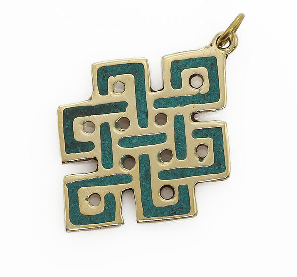 Tibetan Buddhist Pendant with Brass and Turquoise Endless Knot Design