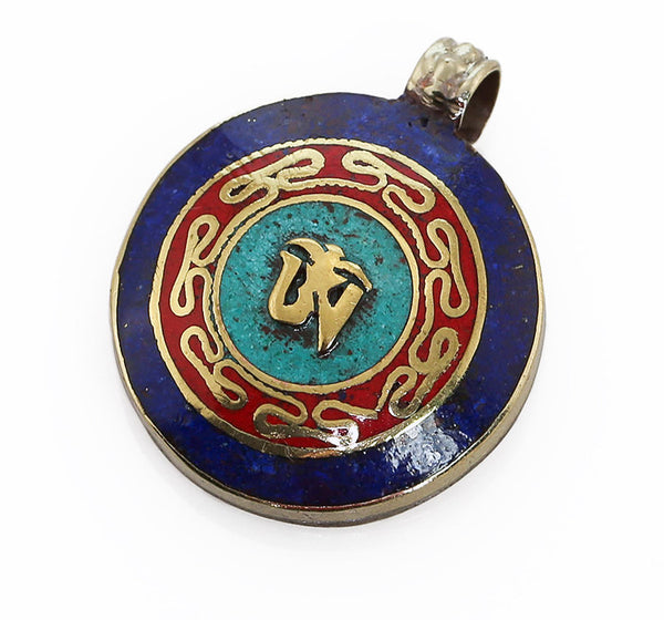 Tibetan Buddhist Pendant with Crushed Gemstone and Om Symbol