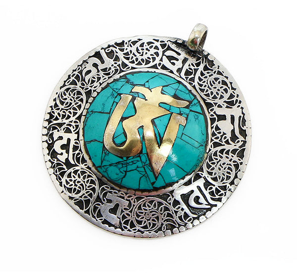 Tibetan Buddhist Pendant with Dome Shaped Turquoise and Brass Om Symbol