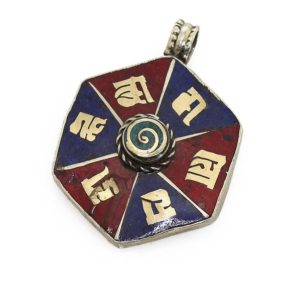 Tibetan Buddhist Pendant with Gemstone Inlaid Octagonal Mantra