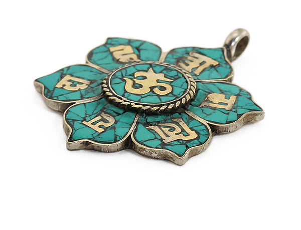 Tibetan Buddhist Pendant with Lotus Shaped Mantra in Turquoise Side View