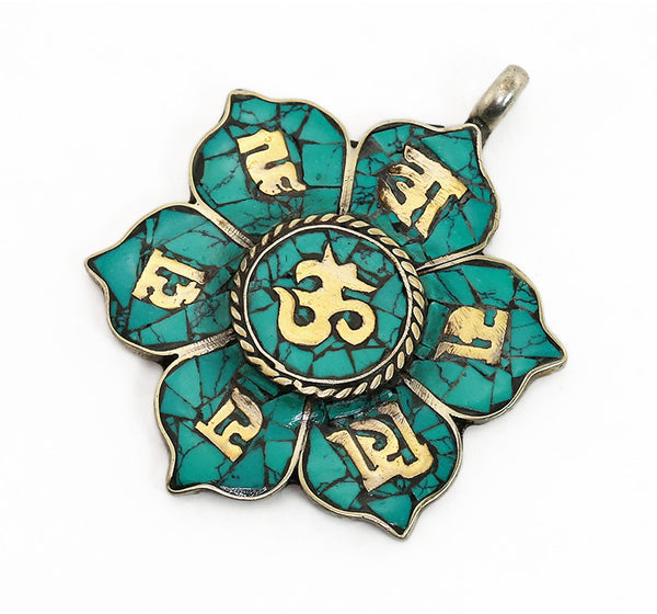 Tibetan Buddhist Pendant with Lotus Shaped Mantra in Turquoise