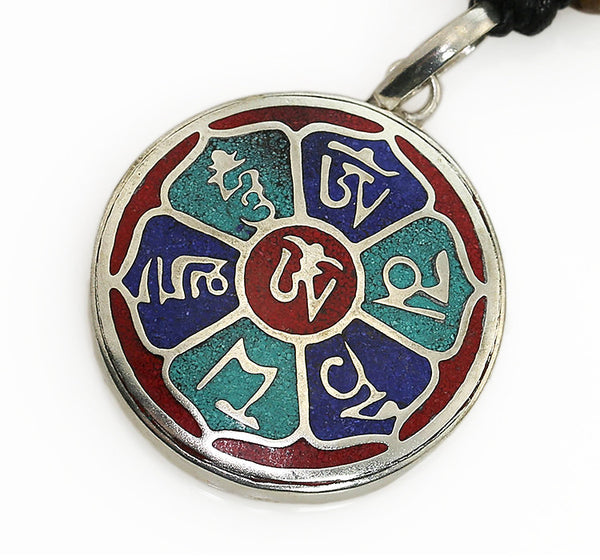 Tibetan Buddhist Pendant with Silver Lotus on Coral Background