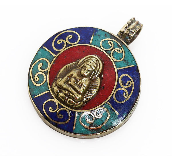 Tibetan Buddhist Pendant with Turquoise Lapis and Brass Buddha