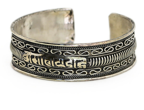 Tibetan Cuff Bracelet with Silver Mantra and Scrollwork