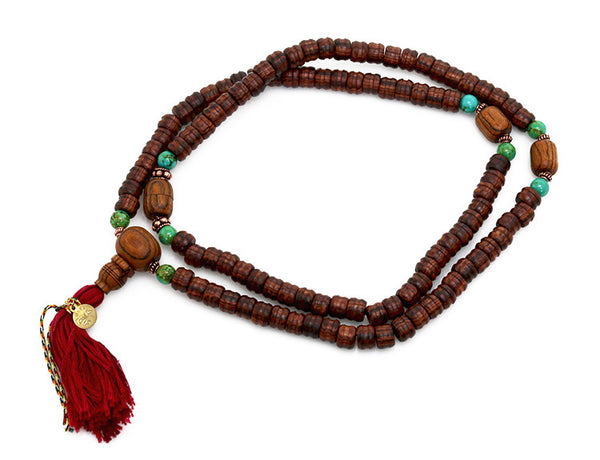 Tibetan Mala Bead Necklace Bocote Turquoise and Kingwood (top-view)