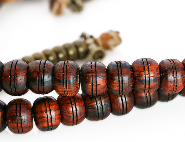 Tibetan Mala Beads with Cocobolo Wood Main Beads Close Up