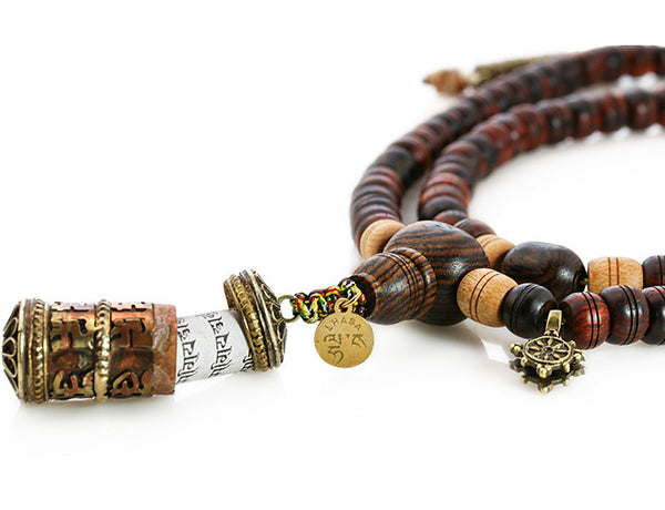 Tibetan Mala Beads with Cocobolo Wood and Prayer Wheel Tassel
