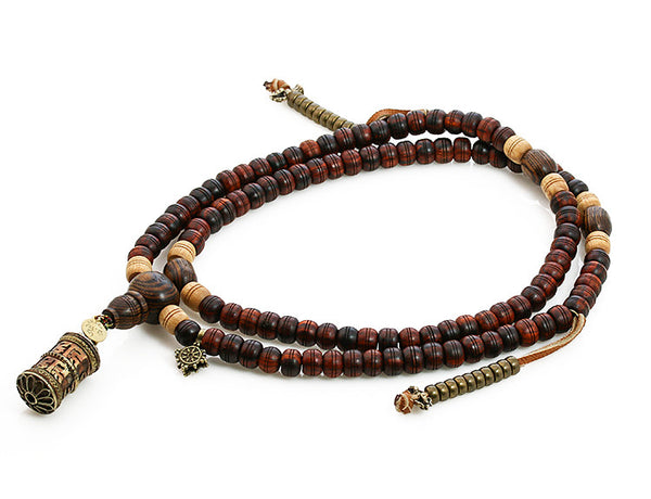 Tibetan Mala Beads with Cocobolo and Bocote Wood Top View