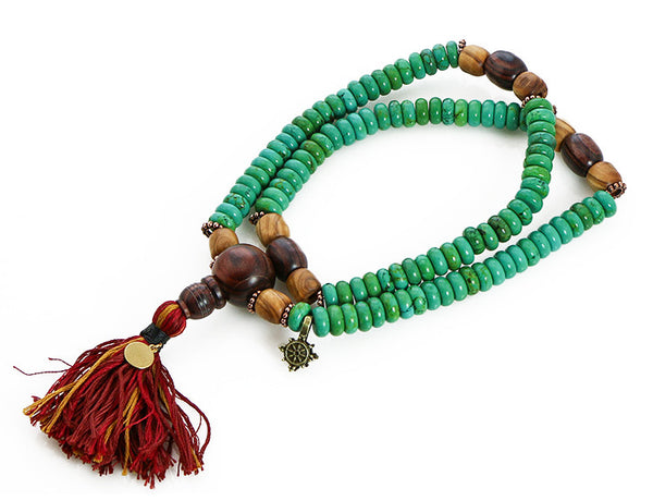 Tibetan Mala Beads with Turquoise and Kingwood Top View