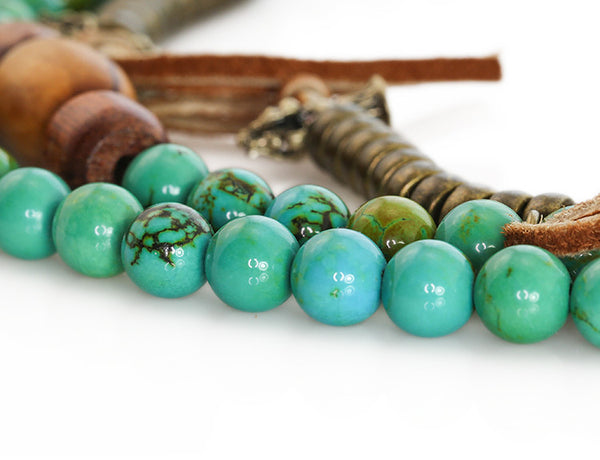 Tibetan Mala Beads with Turquoise and Olivewood Close Up