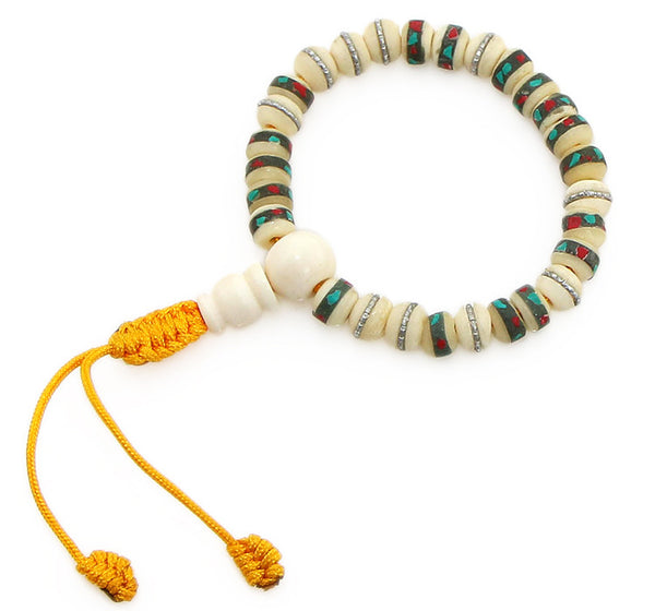 Tibetan Mala Bracelet with White Inlaid Bone Top View