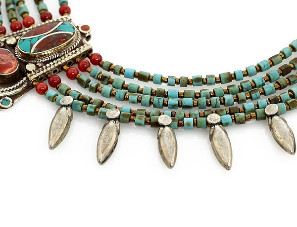 Tibetan Necklace Silver Spikes and Turquoise Beads Close Up