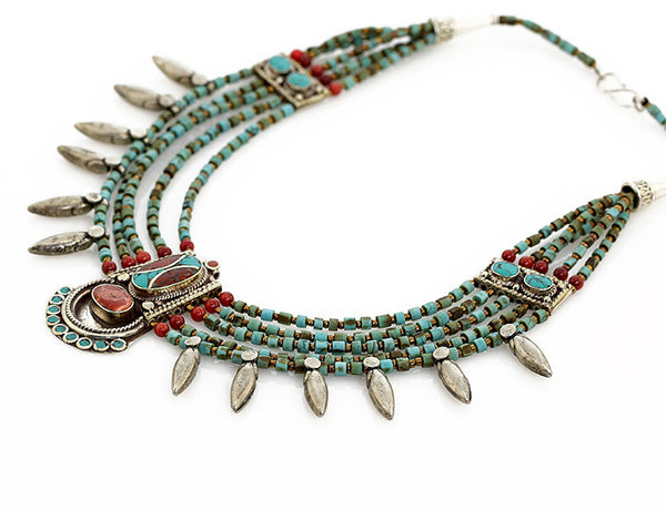 Tibetan Necklace Silver Spikes and Turquoise Side View
