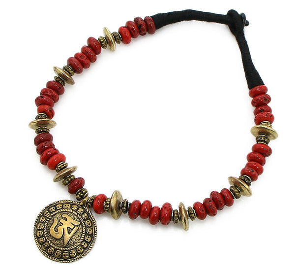 Tibetan Necklace with Coral and Om Pendant