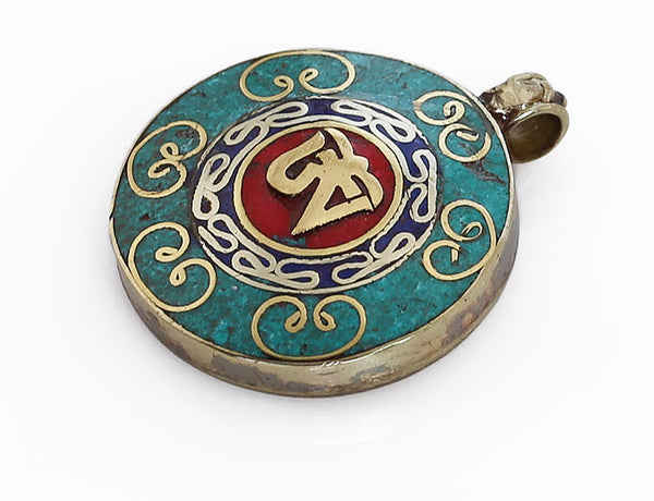 Tibetan Pendant Crushed Turquoise Coral and Om Symbol Side View