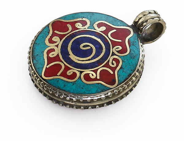 Tibetan Pendant Powdered Gemstone Inlaid Dorje Design Side View