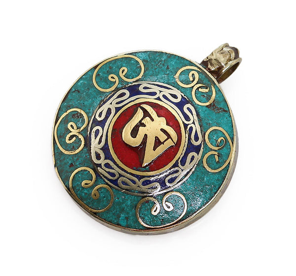 Tibetan Pendant with Crushed Turquoise Coral and Om Symbol