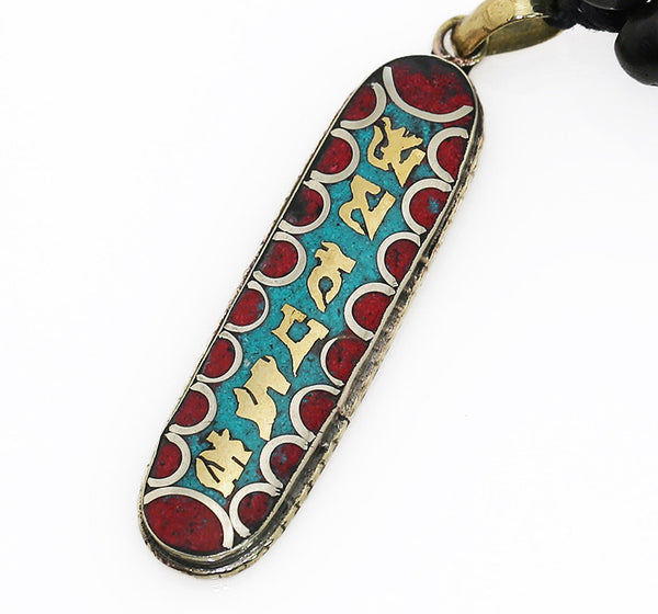 Tibetan Pendant with Gemstone Inlaid Cartouche Style Buddhist Mantra